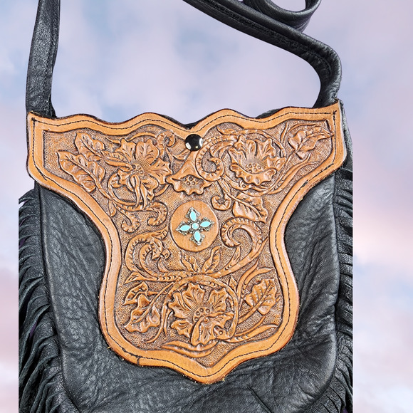 Handmade Black Leather Brown Tooled Turquoise Gem Boho Western Cowgirl Bag - Picture 2 of 7